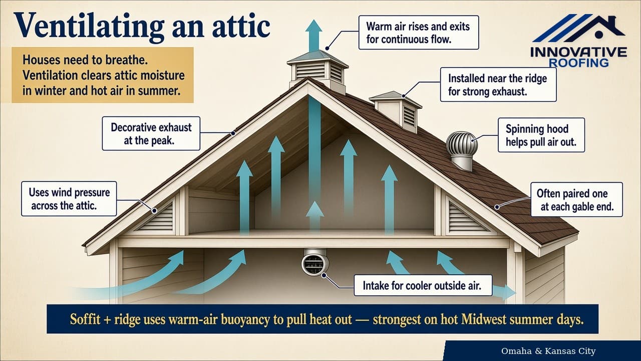 Innovative Roofing attic ventilation diagram — ridge, soffit, gable, turbine, and roof vents for Omaha and Kansas City homes