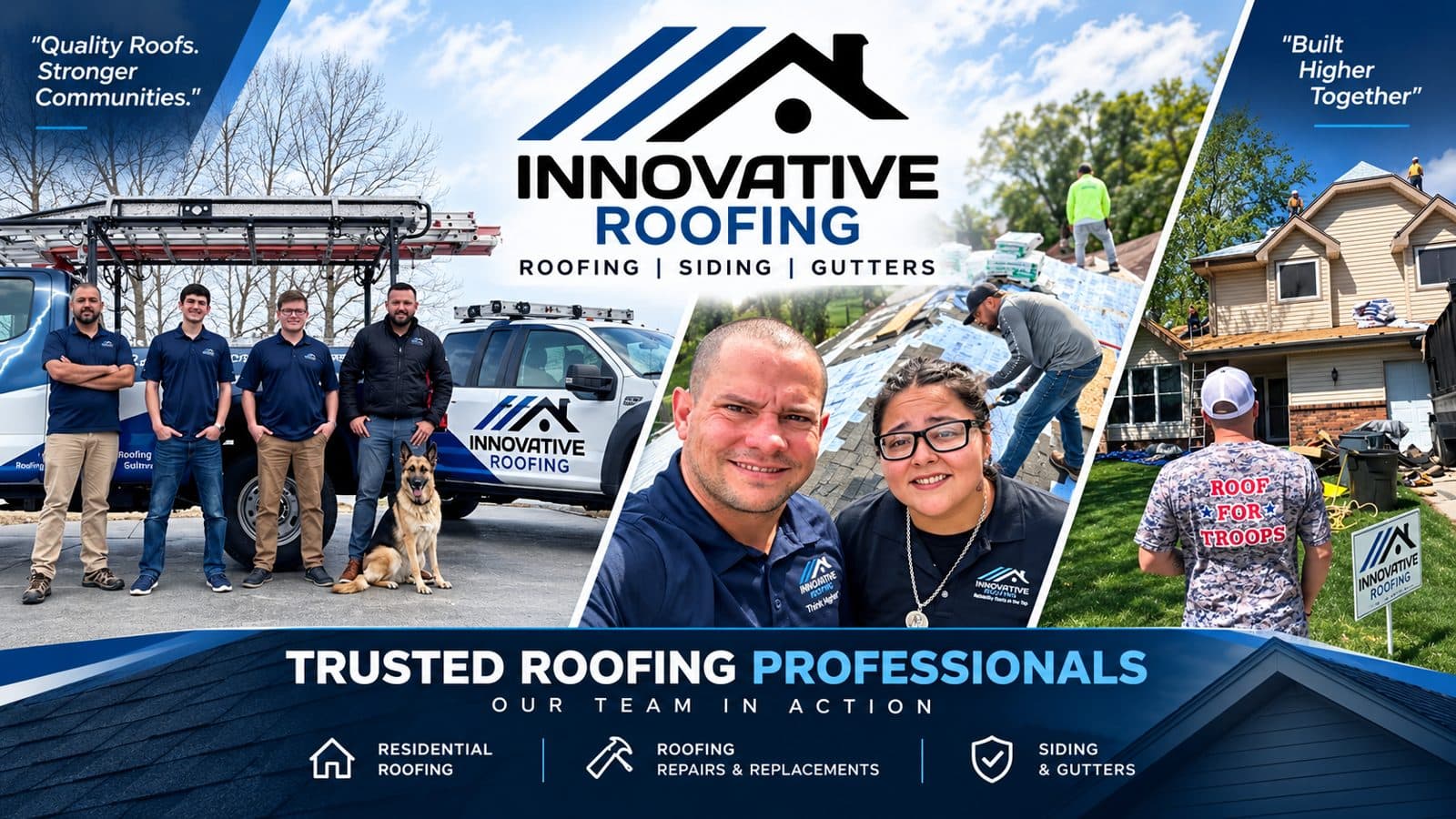 Innovative Roofing team in action — crews, trucks, and Roof for Troops community work across Omaha and Kansas City