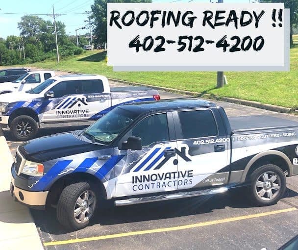 Innovative Contractors fleet trucks branded for roofing, gutters, and siding services