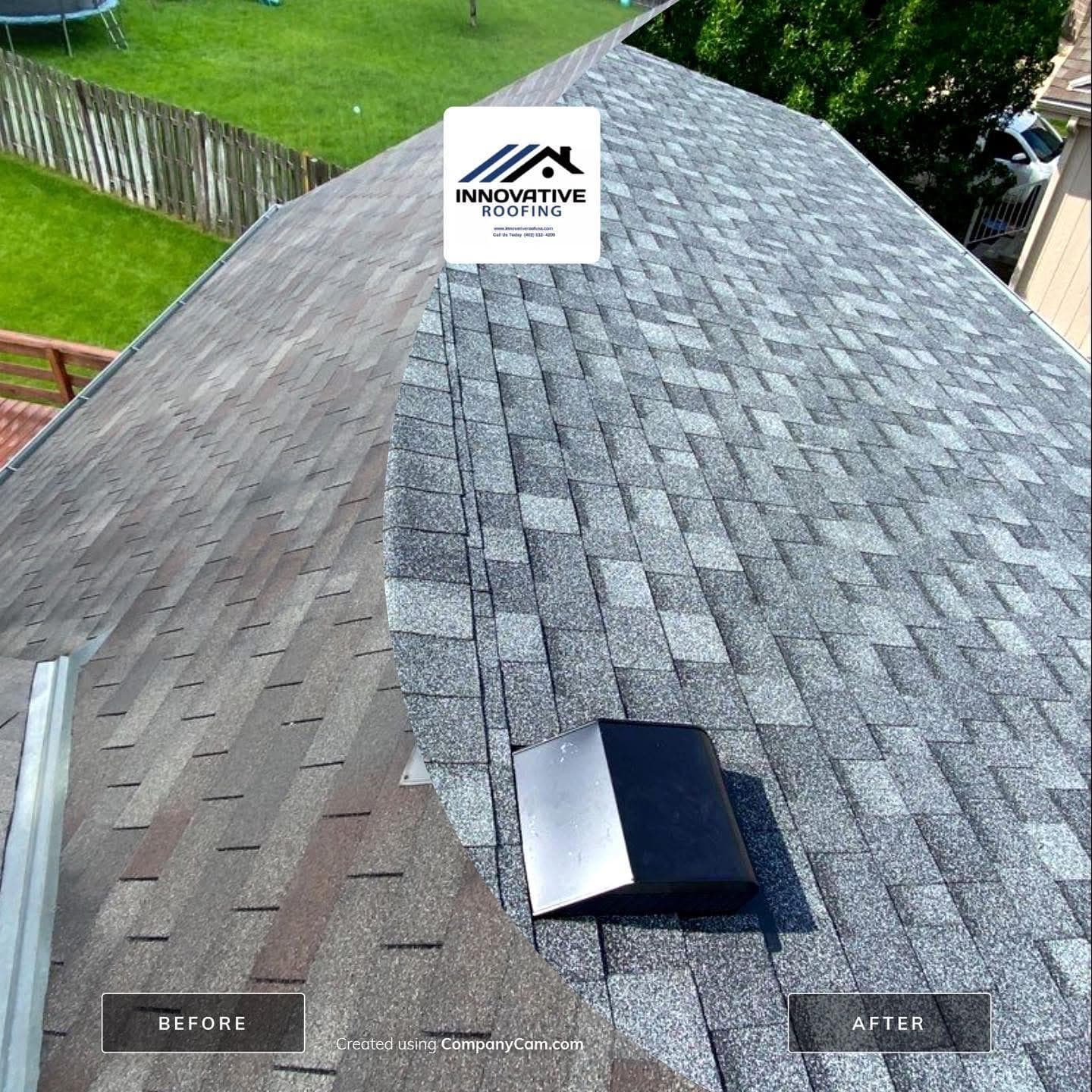 Before and after of a roof replacement — worn brown shingles versus new gray architectural shingles with a new black vent