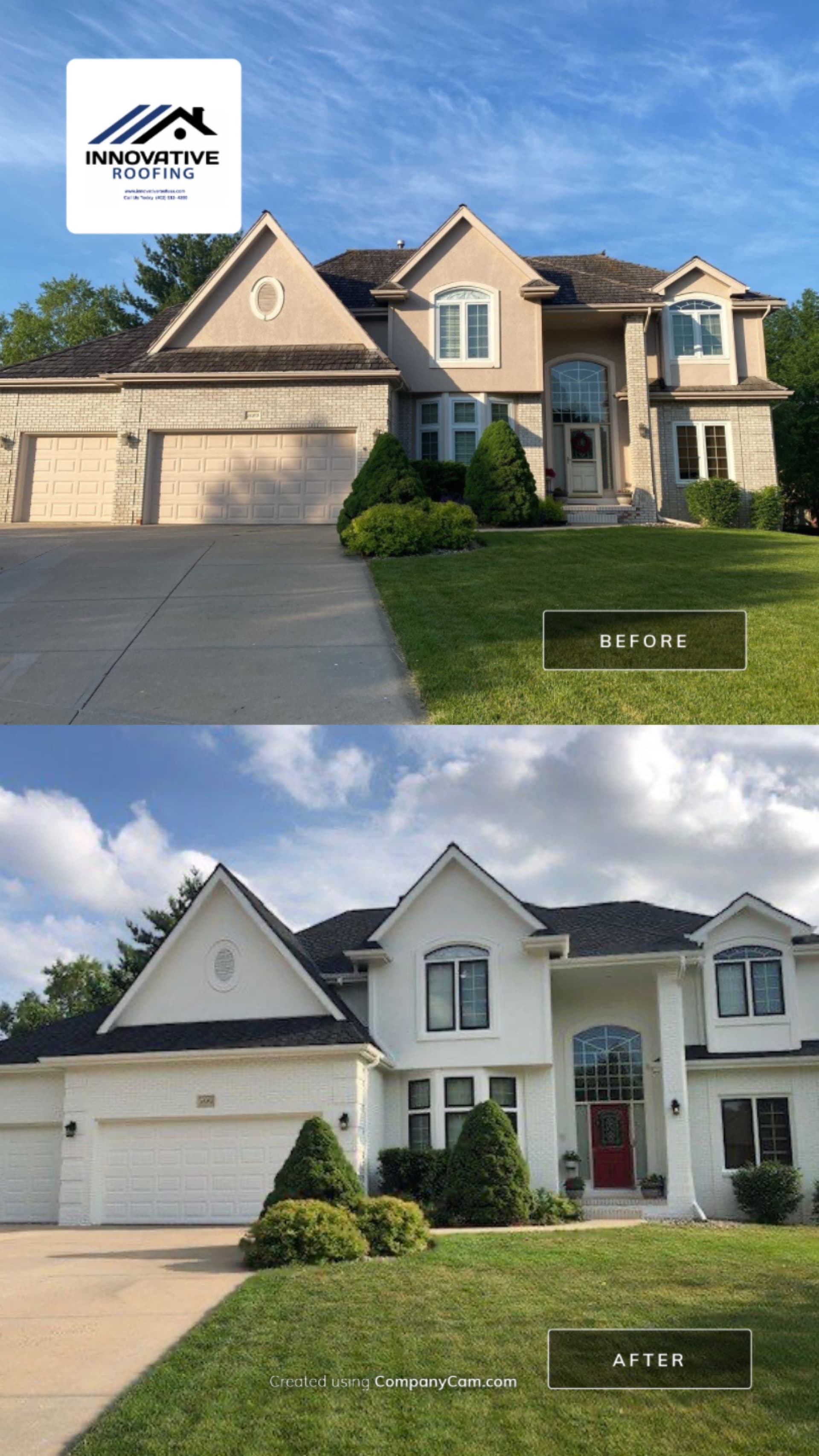 Before and after of a home re-roofed by Innovative Roofing with a premium dark roof