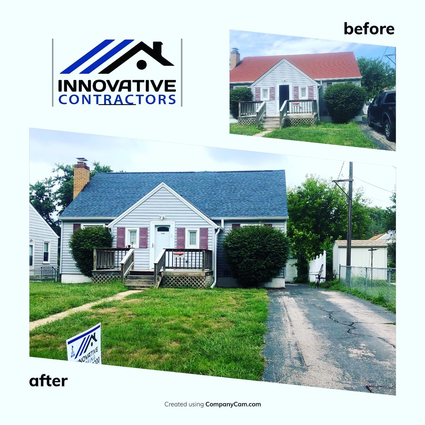 Before and after of a roof replacement, faded red shingles replaced with dark gray