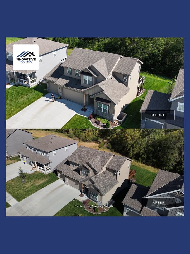 Aerial before and after of a two-story home re-roofed by Innovative Roofing with dark architectural shingles