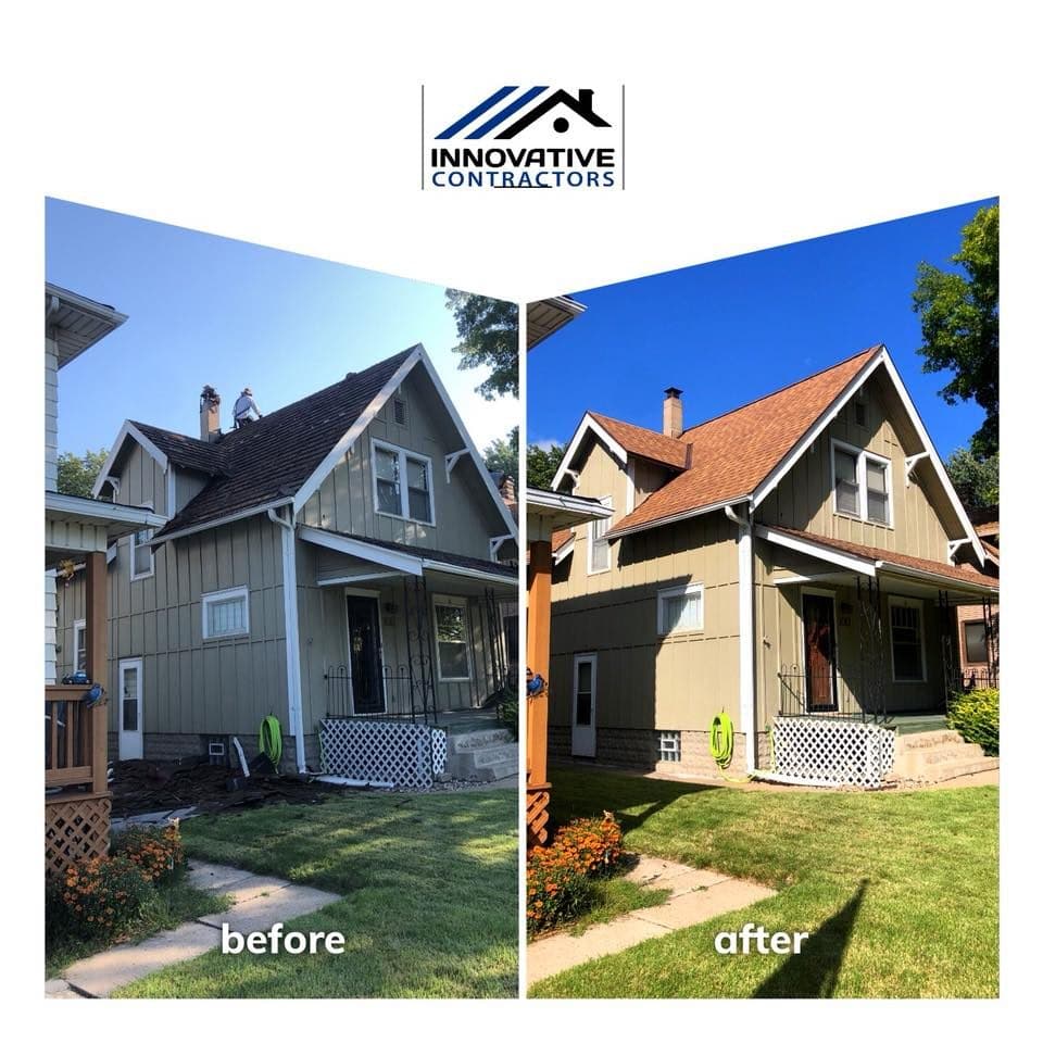 Side-by-side before and after of a home roof replacement showing worn dark shingles versus a new light brown roof