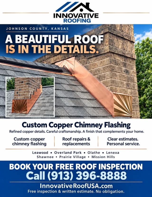 Innovative Roofing flyer: custom copper chimney flashing on a brick chimney