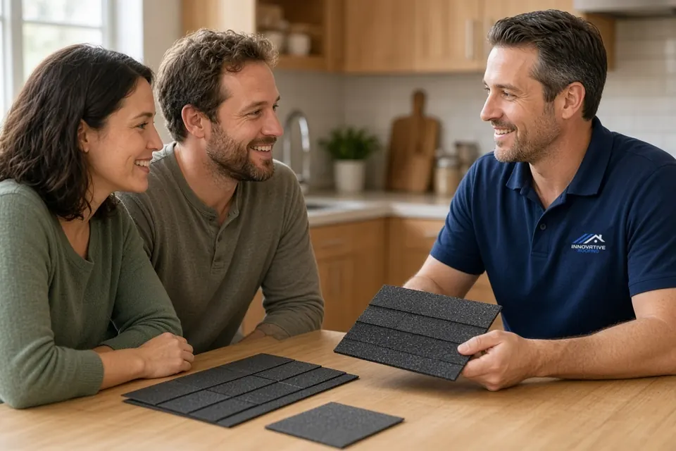 Roofing consultant showing shingle samples to a couple at their kitchen table
