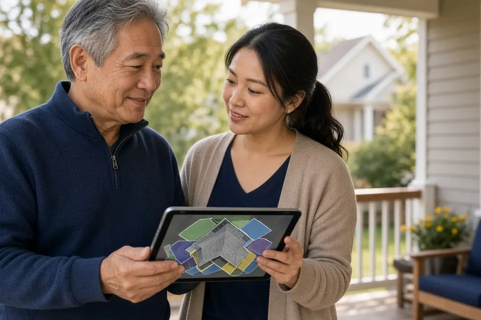 Two homeowners on their porch reviewing an aerial roof diagram on a tablet