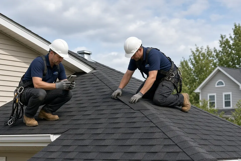 Roofing crew installing new shingles while one installer photographs the work
