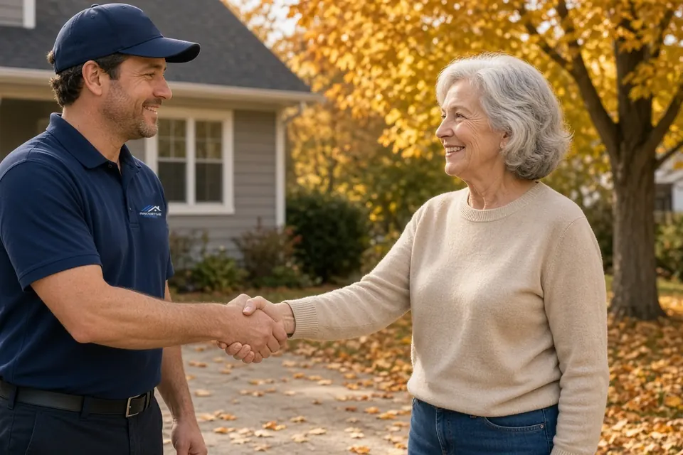 Roofing technician shaking hands with a homeowner in her driveway on an autumn day