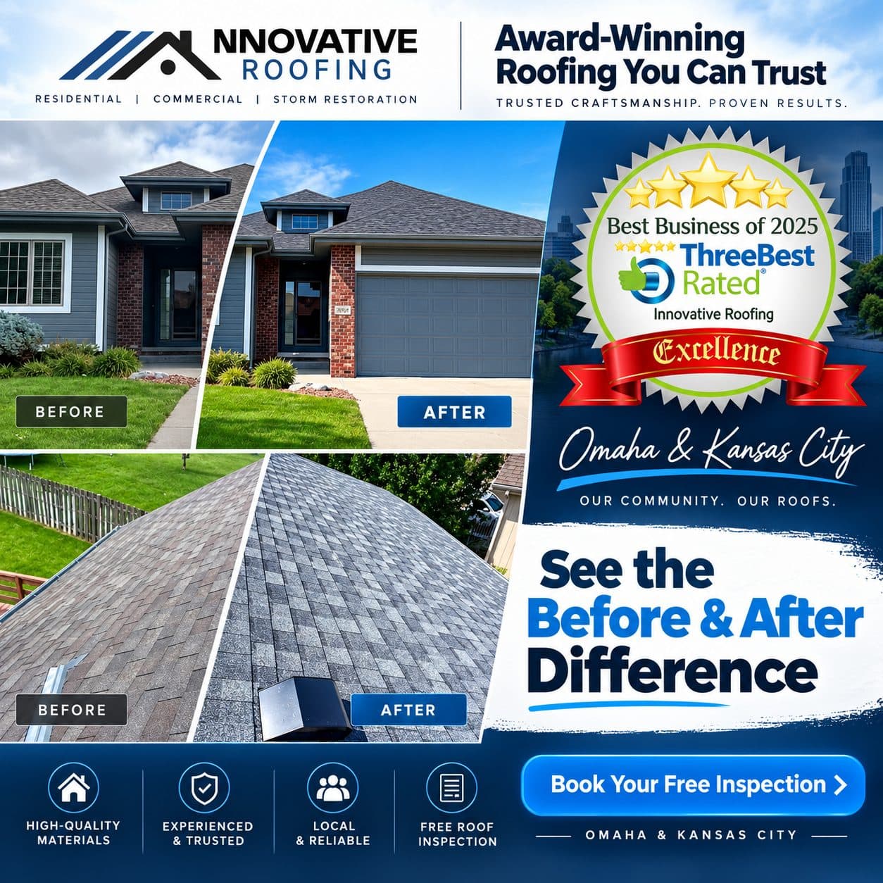 Innovative Roofing before and after roof replacement — award-winning craftsmanship in Omaha and Kansas City