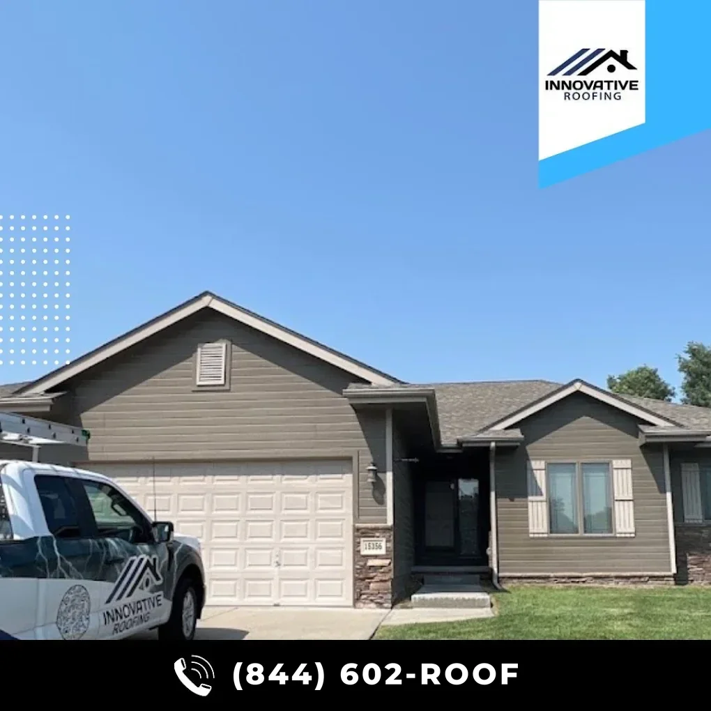 Innovative Roofing vehicle outside a completed Omaha home with phone number (844) 602-ROOF