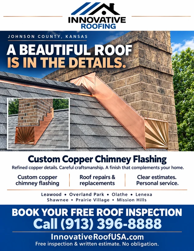 Custom copper chimney flashing on a brick chimney by Innovative Roofing in Johnson County, Kansas